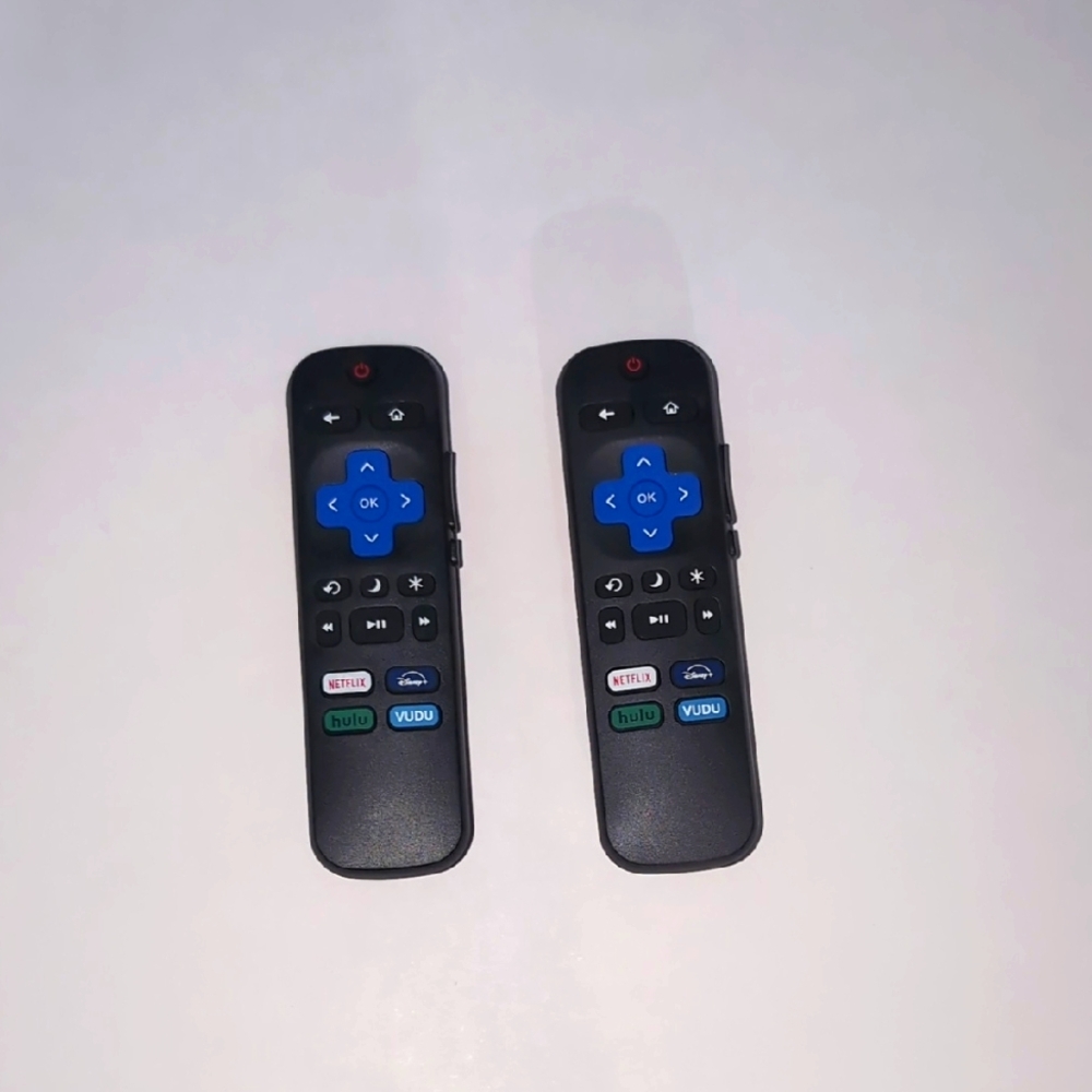 Sleek black remote control featuring vibrant blue buttons for easy navigation.